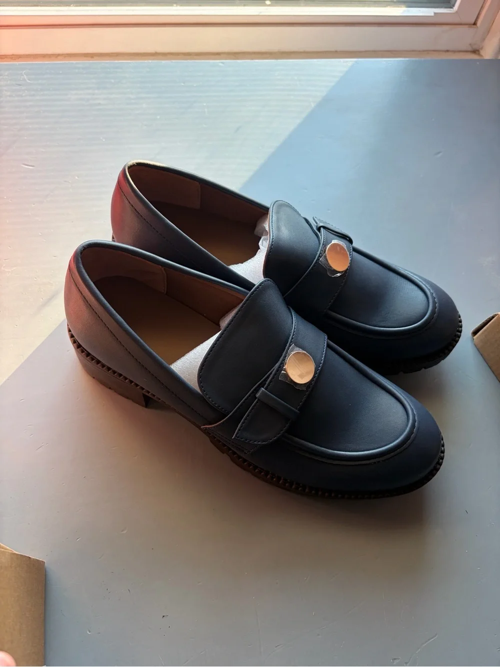 Classic womens Blue Leather Loafers with Decorative Accent